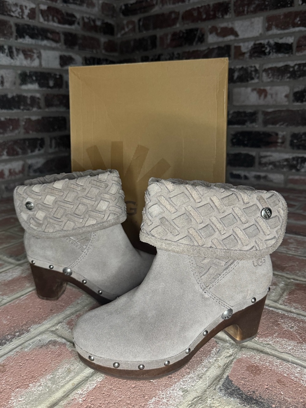 UGG Lynnea Arroyo Basketweave Roll over Clog Studded Boots Pewter Gray